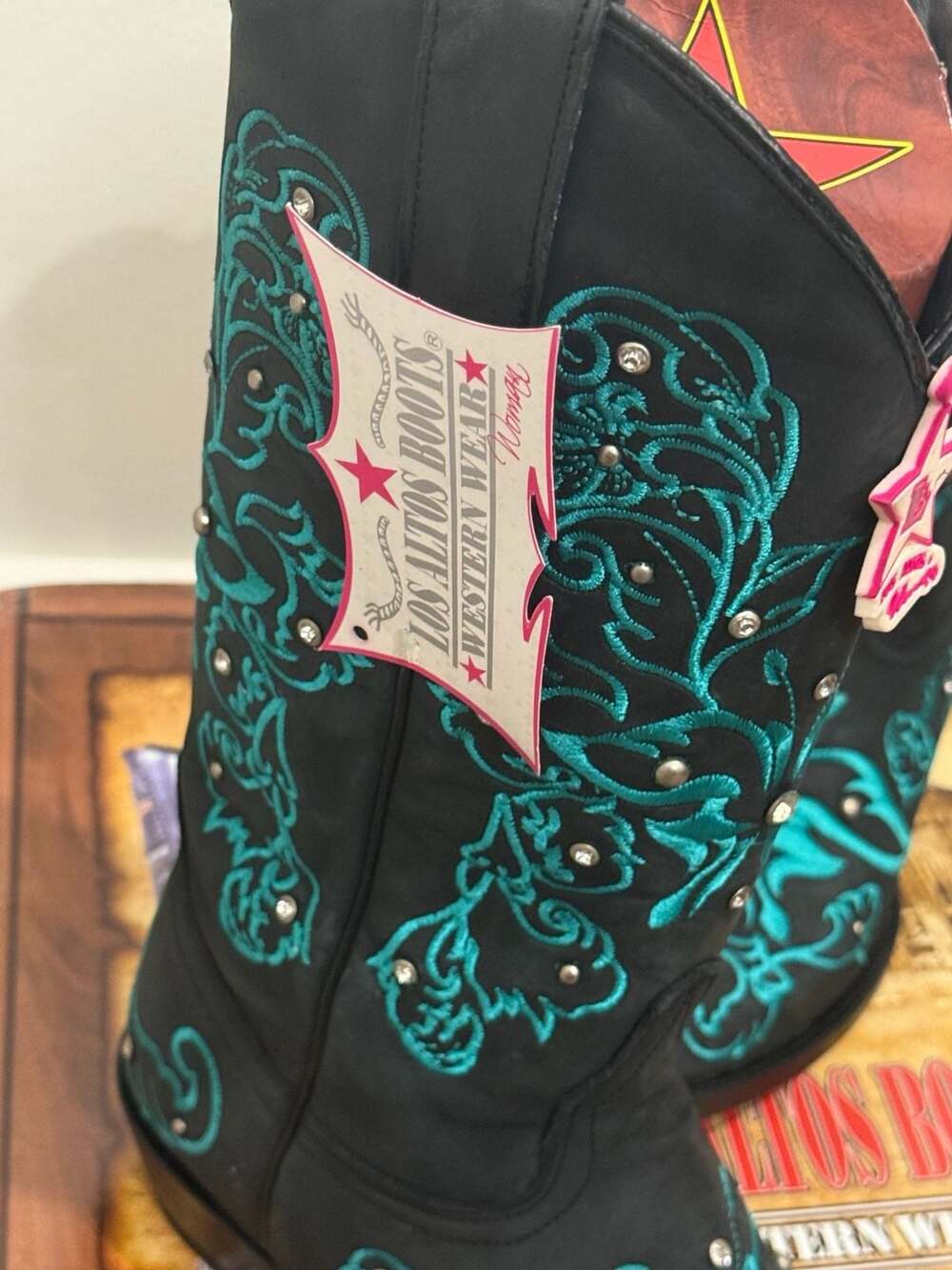 Los Altos Women's Black Western Boots with Turquoise Embroidery (Style 134S5005- - Picture 4 of 11